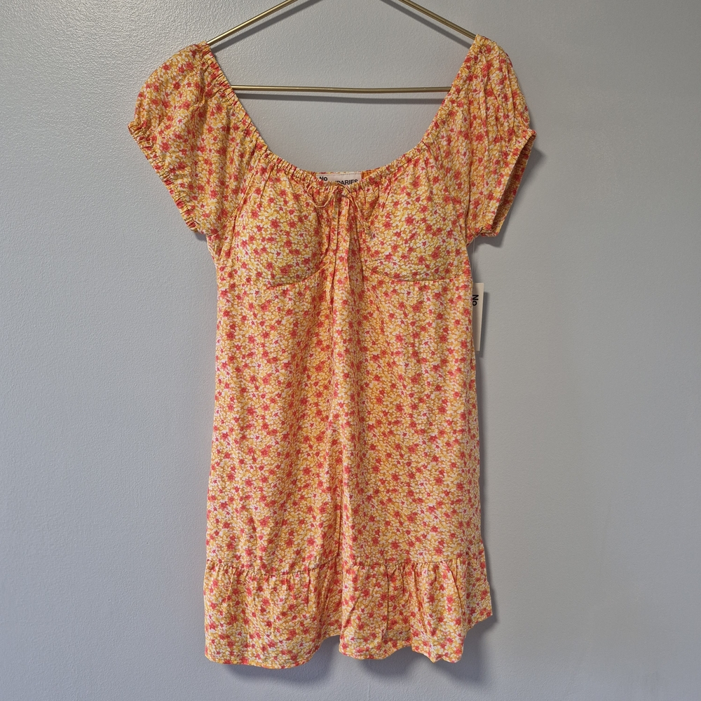 No Boundaries Floral Puff Sleeve Mini Dress Pink Orange Yellow Large NWT